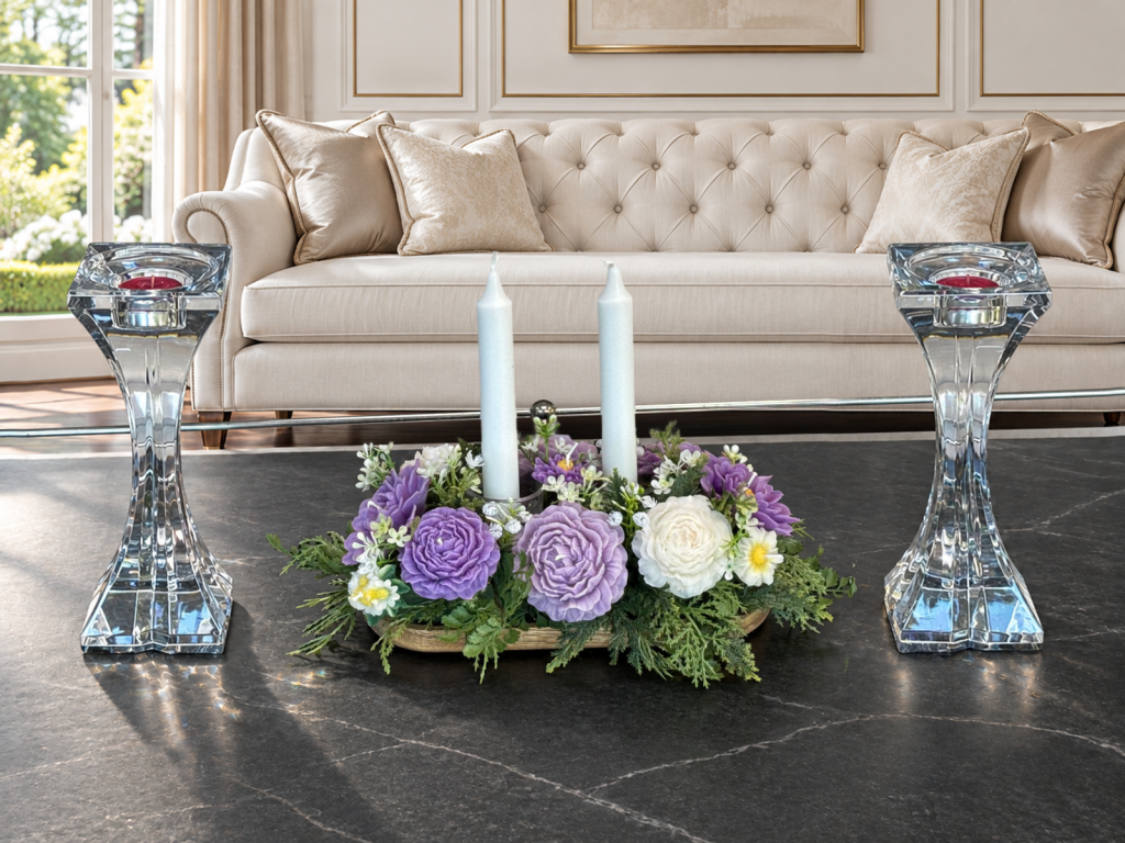Lavender Dreams Candle Centerpiece – 13 Mixed Purple Flowers