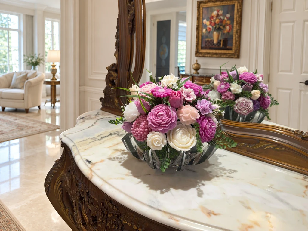 Pink floral candle arrangement in faceted glass