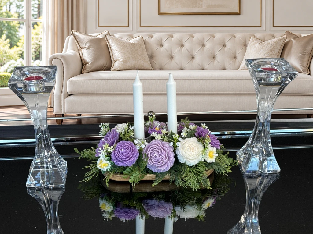 Lavender and ivory floral candle arrangement