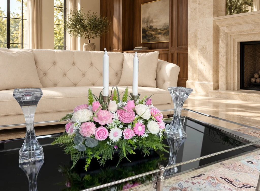 Luxury Mixed Flower Candle Centerpiece – Pink & White