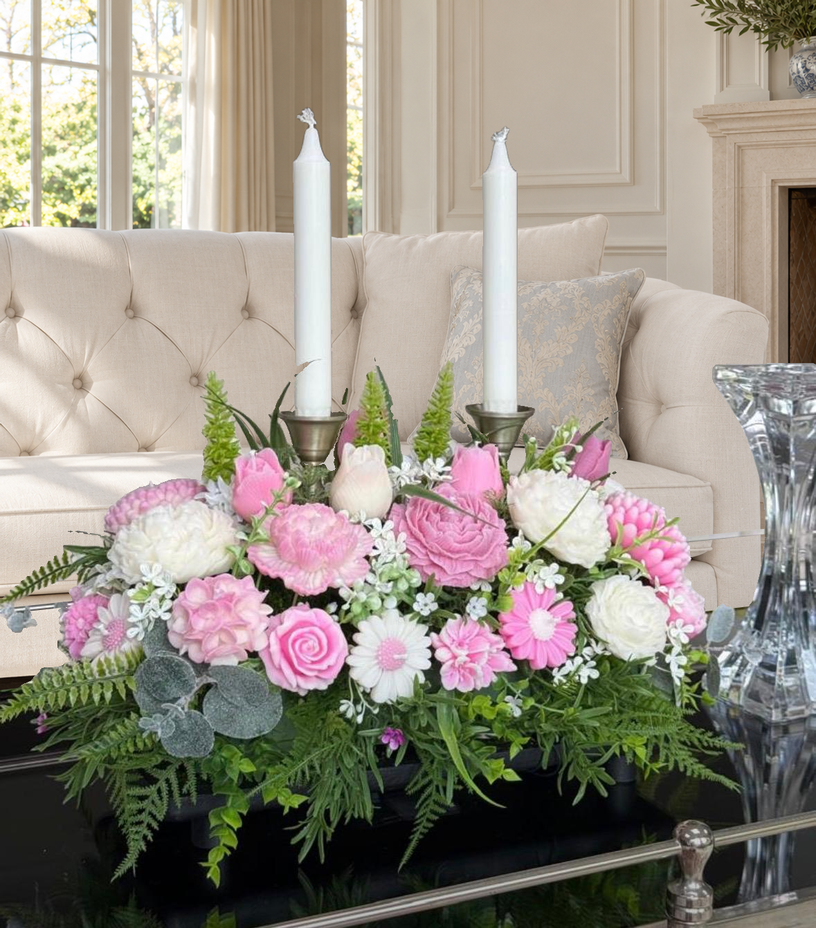 Luxury Mixed Flower Candle Centerpiece – Pink & White — view 54