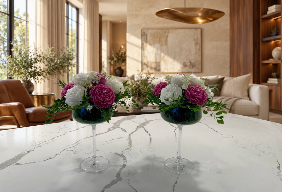 Elegant Pink & White Floral Candle Arrangement in Tall Glass Goblet — view 7