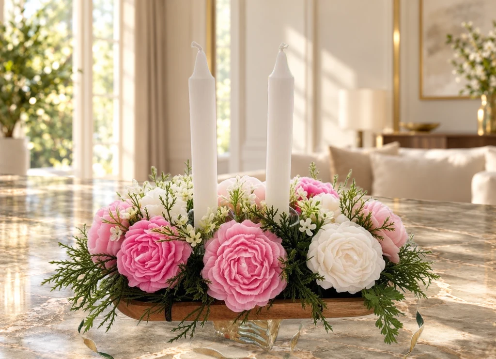 Handcrafted Wooden Tray Candle & Flower Centerpiece