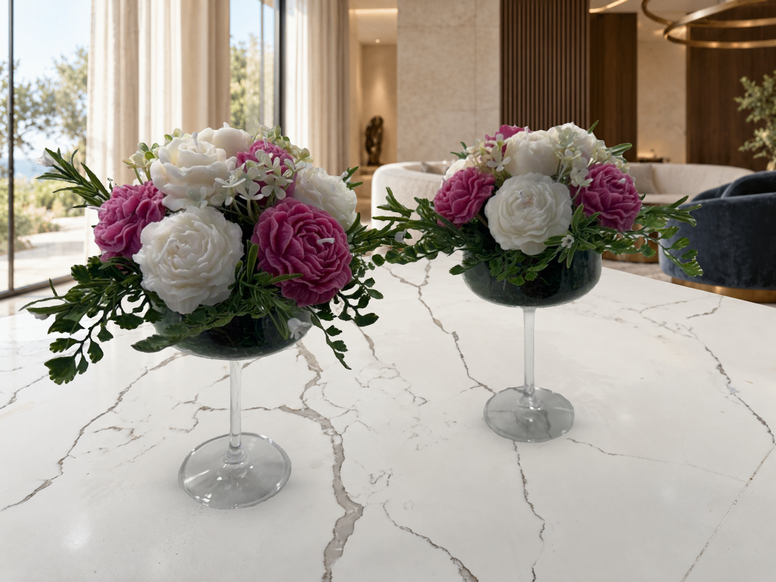 Elegant Pink & White Floral Candle Arrangement in Tall Glass Goblet — view 8