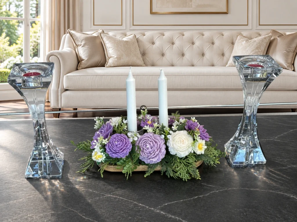 Lavender and ivory floral candle arrangement